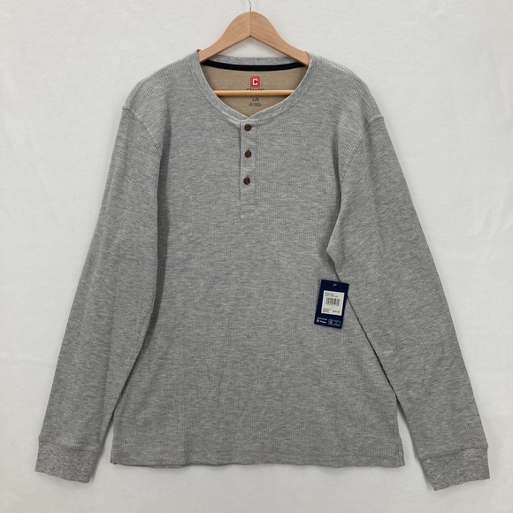 Chaps Henley Thermal Shirt Mens Large Gray Waffle Knit Casual Preppy Travel NWT - Picture 1 of 14